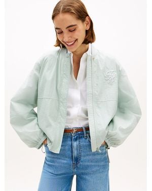 Tommy Hilfiger Logo Embroidery Balloon Sleeve Bomber Jacket - Blue