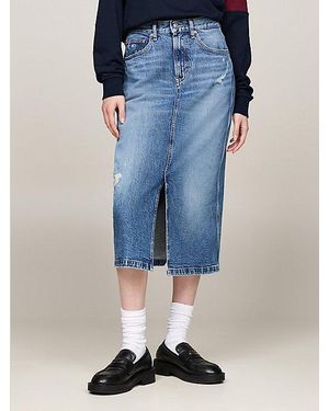 Tommy Hilfiger Midi-Jeansrock Im Used Look Mit Fade-Effekt - Blau