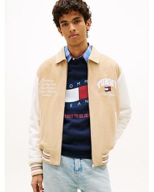 Tommy Hilfiger Back Wavy Flag Suede Relaxed Varsity Jacket - White