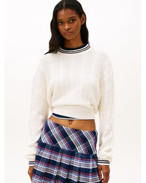 Tommy Hilfiger S Cotton Cable Pullover Crewneck Jumper With Knit Flag Print - White
