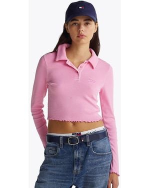 Tommy Hilfiger Slim Long Sleeve Cropped Polo Shirt - Red