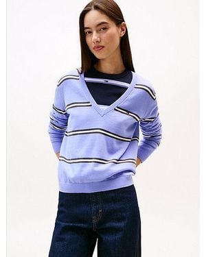 Tommy Hilfiger Trui Met V-Hals En Geborduurde Vlag - Blauw