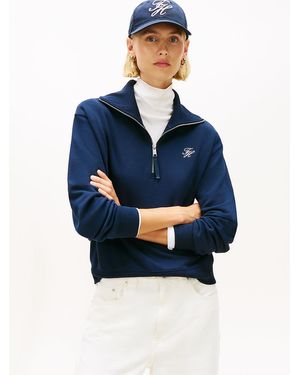 Tommy Hilfiger Logo Embroidery Terry Quarter-Zip Jumper - Blue
