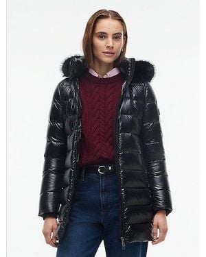 Tommy Hilfiger Glanzende Donsjas Met Capuchon Van Imitatiebont - Blauw