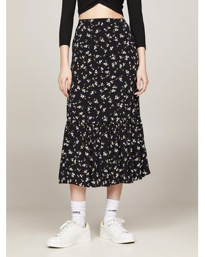 Tommy Hilfiger Floral Print Ruffle Midi Skirt - Natural