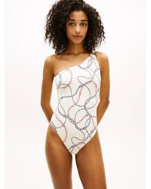 Tommy Hilfiger Print Tortoiseshell Ring One Shoulder Swimsuit - White