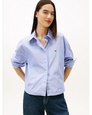 Tommy Hilfiger Camisa Cropped Metalizada De Corte Oversize - Azul
