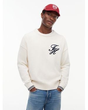 Tommy Hilfiger Logo Embroidery Chunky Crew Neck Jumper - White