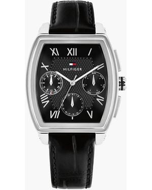 Tommy Hilfiger Square Dial Leather Strap Watch - Black