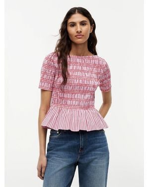 Tommy Hilfiger Smock Stripe Ruffle Boat Neck Top - Red
