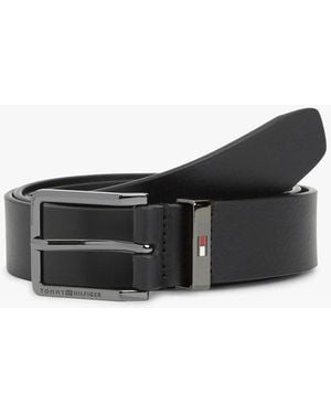 Tommy Hilfiger Debossed Logo Square Buckle Leather Belt - Black
