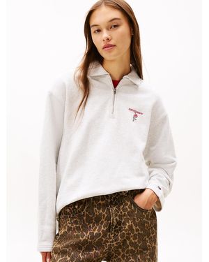 Tommy Hilfiger Pull Boxy Zippé À Imprimé Au Dos Et Col Rugby - Blanc