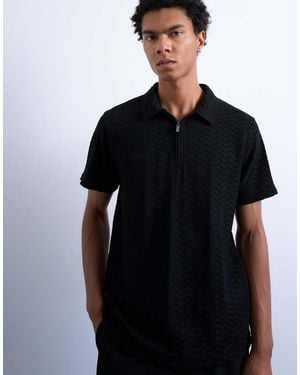 TOPMAN Jersey Zig Zag Polo Top - Black