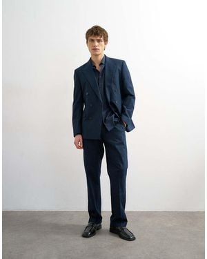 TOPMAN Straight Fit Linen Rich Trousers - Blue