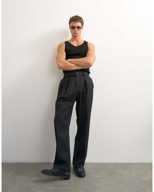TOPMAN Wide Leg Belted Twill Trouser - Black