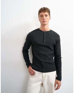 TOPMAN Slim Fit Long Sleeve Rib Knit Henley Neck T-shirt - Black