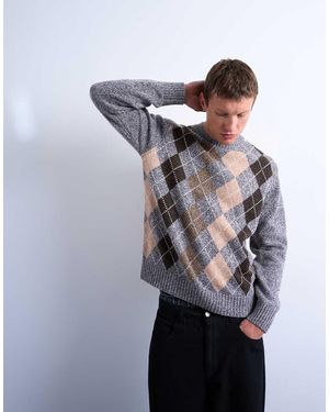 TOPMAN Argyle Knit Crew Neck Jumper - Grey