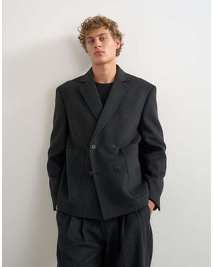 TOPMAN Boxy Fit Double Breasted Textured Blazer - Grey