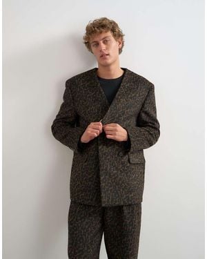 TOPMAN Oversized Fit Collarless Double Breasted Blazer With Leopard Print - Black