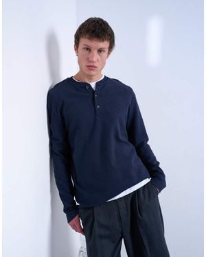 TOPMAN Premium Relaxed Fit Heavyweight Waffle Henley Top - Blue