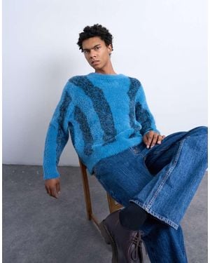 TOPMAN Relaxed Fit Fluffy Knitted Jumper With Stripe Design - Blue