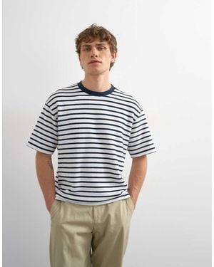 TOPMAN Relaxed Fit Textured T-shirt With Breton Stripe - Blue