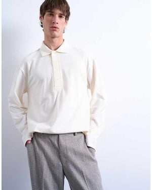 TOPMAN Relaxed Fit Structured Stitch Long Sleeve Polo Shirt - White