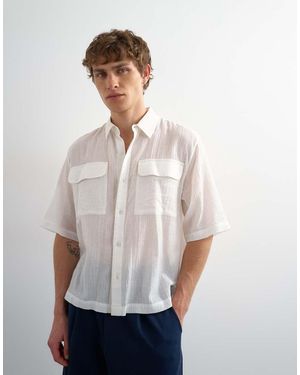 TOPMAN Relaxed Fit Crop Sheer Ripstop Short Sleeve Shirt - White