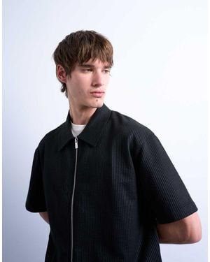 TOPMAN Relaxed Fit Seersucker Zip-through Shirt - Black