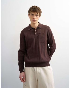 TOPMAN Classic Fit Long Sleeve Pointelle Knitted Polo - Brown