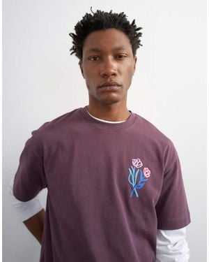 TOPMAN Relaxed Fit T-Shirt With Front And Floral Embroidery - Purple