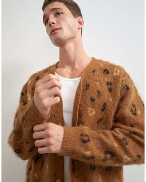 TOPMAN Relaxed Fit Leapord Print Knitted Cardigan - Brown