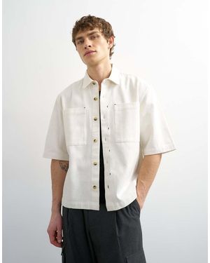 TOPMAN Relaxed Fit Short Sleeve Twill Crop Overshirt - White