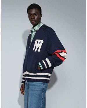 TOPMAN Relaxed Fit Heavyweight Knit Varsity Cardigan - Blue