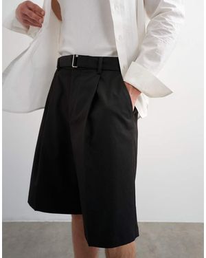 TOPMAN Wide Leg Belted Twill Shorts - Black