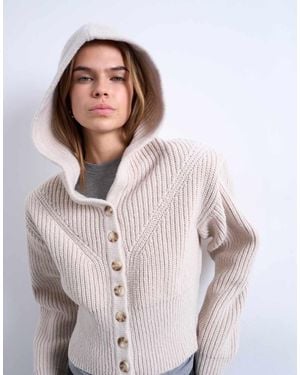 TOPSHOP Knitted Button Through Shoulder Padded Hoodie - White