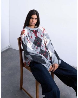 TOPSHOP Knitted Argyle Distressed Jumper - White