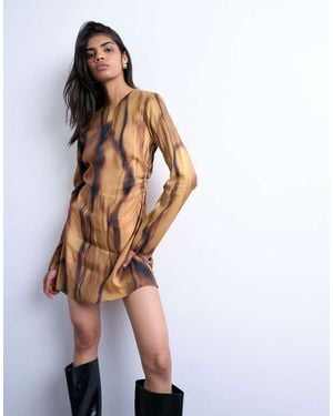 TOPSHOP Waisted Long Sleeve Mini Dress - Brown