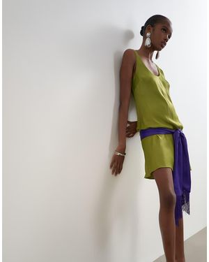 TOPSHOP Satin Scoop Neck Dropped Waist Mini Dress With Fringed Tie - Multicolour