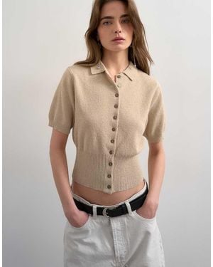 TOPSHOP Fine Knitted Towelling Cinch Waist Polo - Natural
