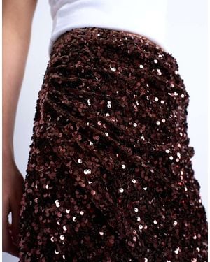 TOPSHOP Velvet Sequin Drape Mini Skirt - Brown