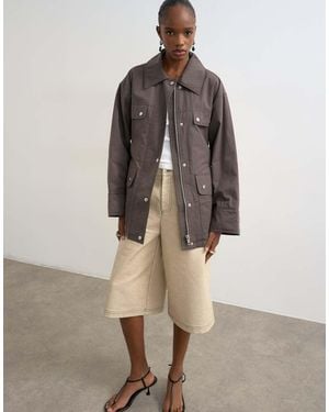 TOPSHOP 4 Pocket Cotton Shacket With Quilted Lining - Brown