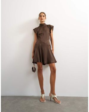 TOPSHOP Satin High Neck Flippy Hem Mini Dress - Natural