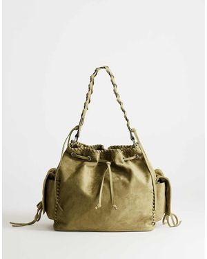 TOPSHOP Simone Large Suedette Pocket Detail Bucket Shoulder Bag - Natural