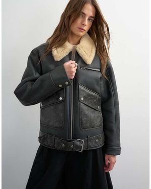 TOPSHOP Shearling Belted Biker Jacket - Black