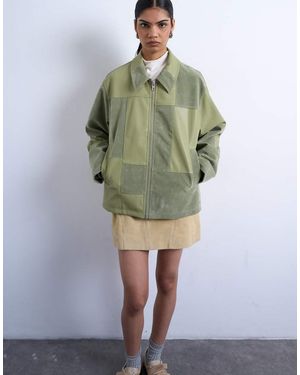 TOPSHOP Faux Suede Patchwork Zip Through Jacket - Green
