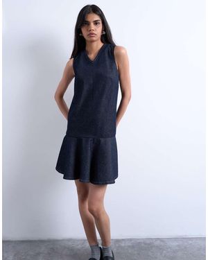 TOPSHOP Denim V Neck Peplum Mini Dress - Blue
