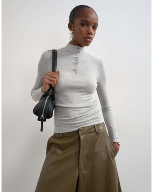 TOPSHOP High Neck Button Rib Long Sleeve Top - Grey