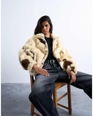 TOPSHOP Faux Fur Cow Print Funnel Neck Bomber Jacket - Natural