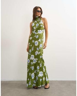 TOPSHOP Satin Bias Collapsed Funnel Halter Neck Maxi Dress With Open Back - Green